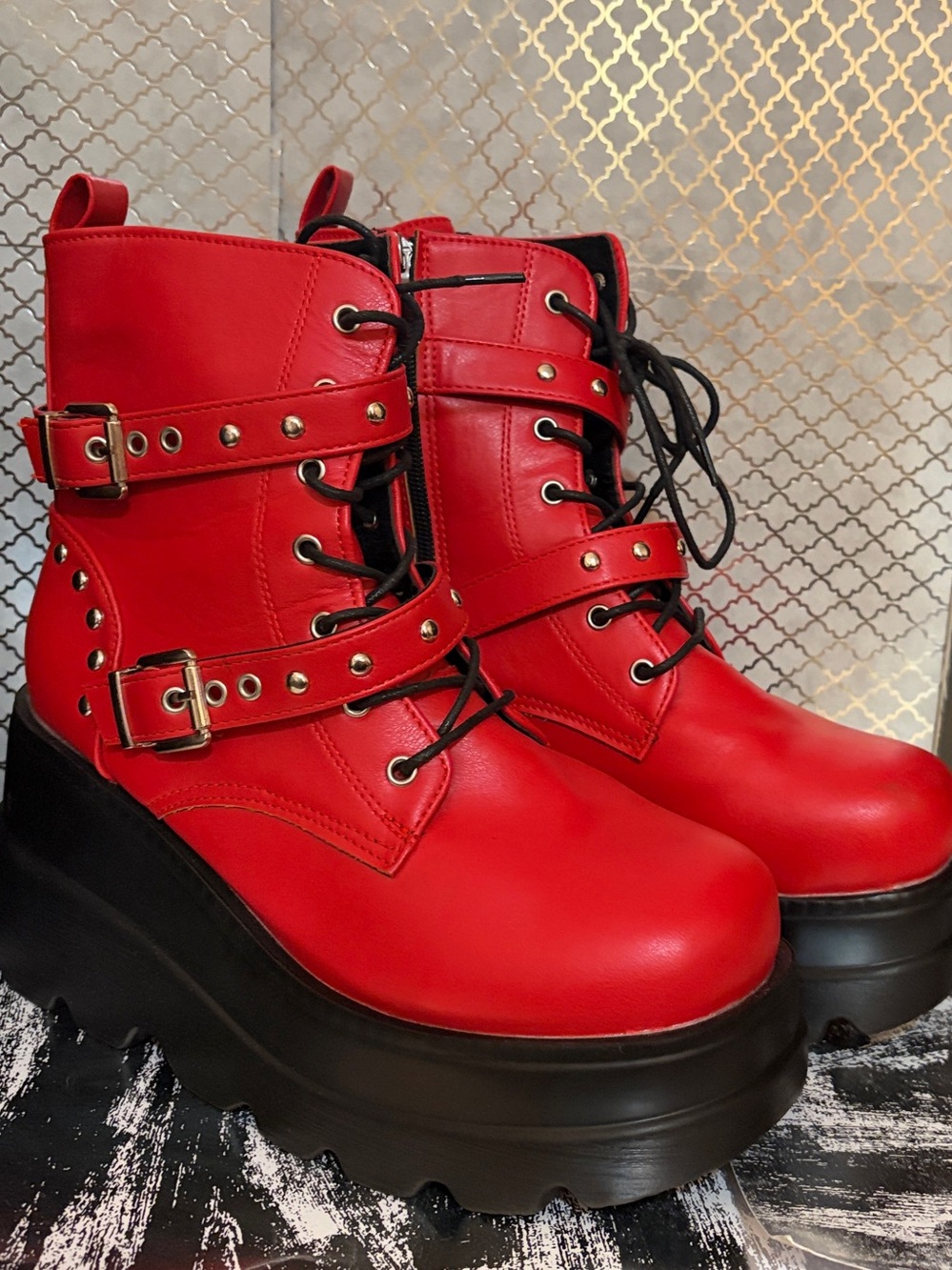 Red Platform Combat Boots for Women - Bold Red Lace-Up Ankle Boots
